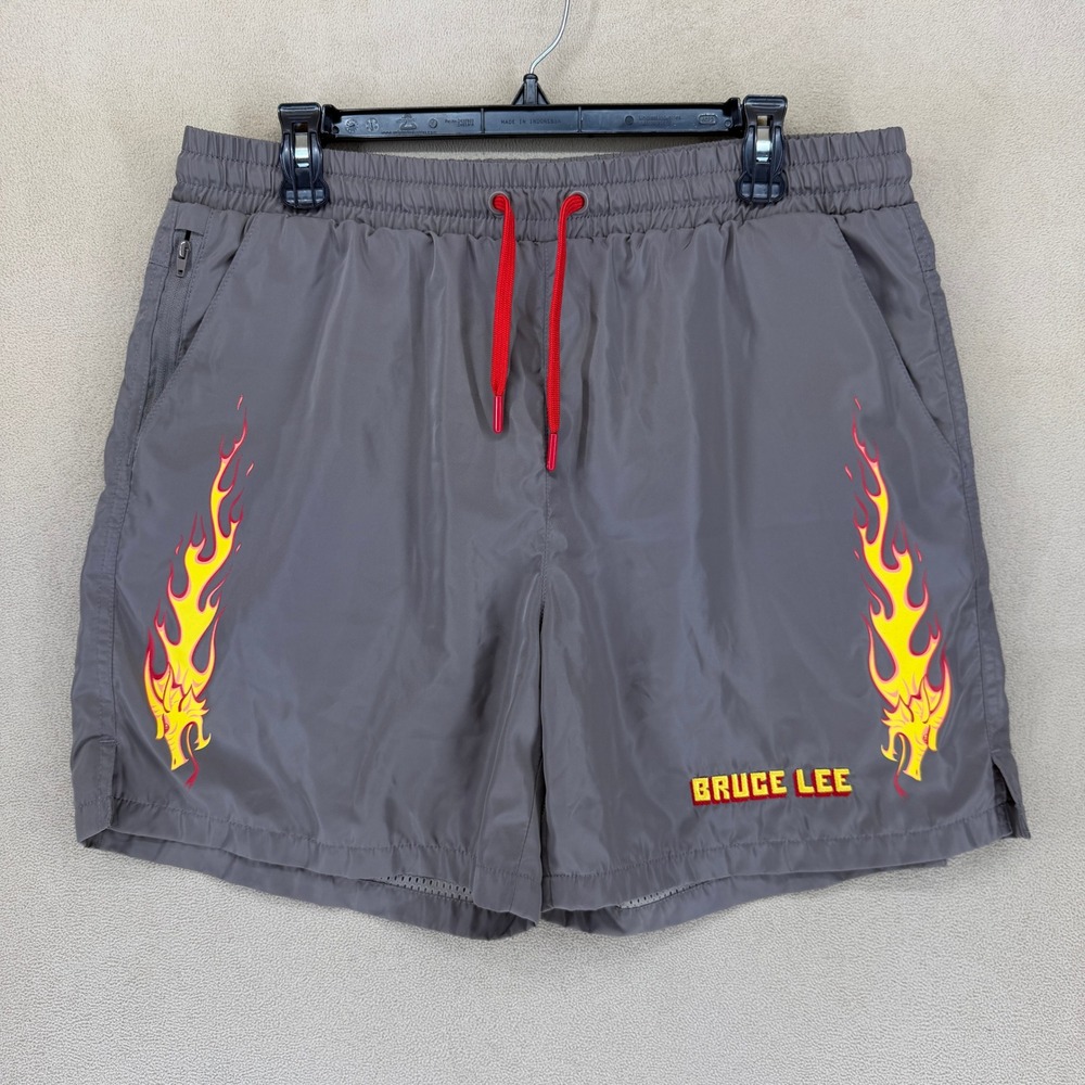 Bruce Lee The Dragon Shorts Gray Flame Print Athletic‎ Trunks Men's Large